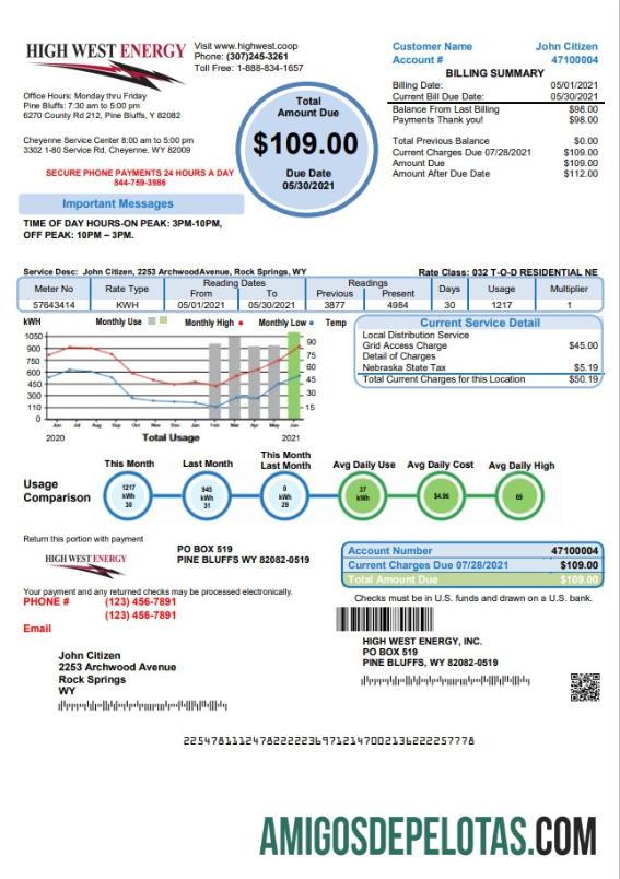 Projeto de lei de serviços públicos de energia do Wyoming High West dos EUA em formato Word e PDF, versão 2 amostra